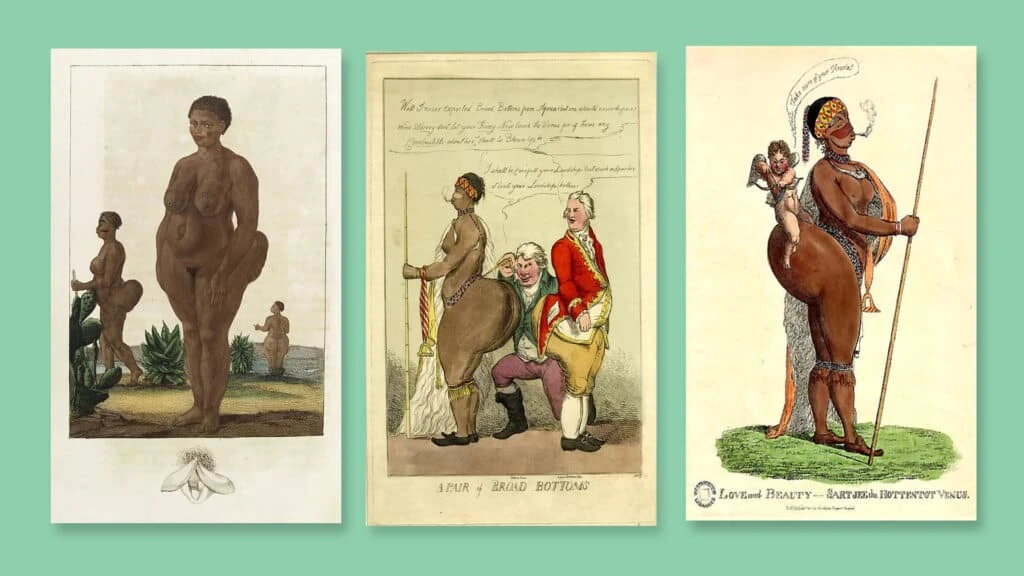 Рабыню Саарти Баартман демонстрировали на представлениях в Лондоне и Париже.  Коллаж kursiv.media