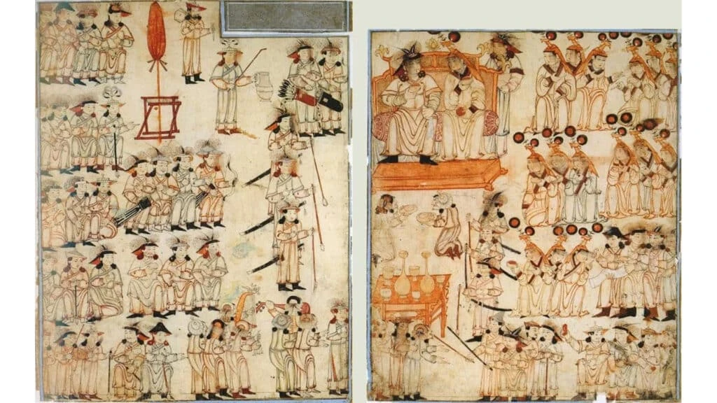 Восход Чингисхана на трон. Левая часть двухстраничной иллюстрации к «Джами ат-таварих» Рашид-ад-Дина. Тебриз, 1-я четверть XIV века. Берлинская государственная библиотека, Отдел Востоковедения, Diez A fol. 70, с. 20/Wikimedia Commons