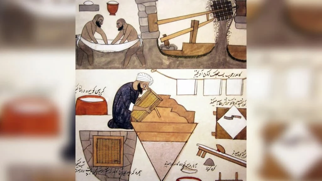 На этой картине показаны различные этапы изготовления восточной бумаги «Кагаз» . 19 век/Alamy