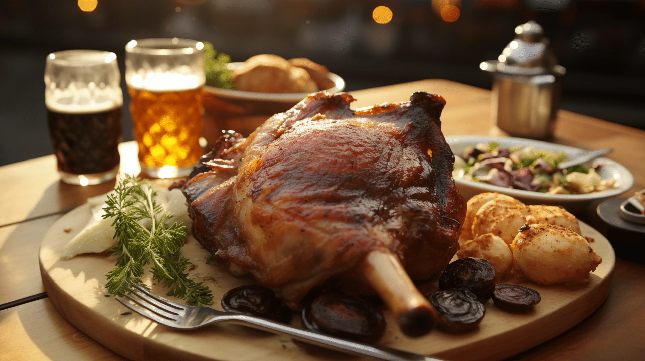 Свиную рульку едят круглогодично, запивают бесконечными кружками пива и подбирают соус картофельными кнедликами. Фото сгенерировано нейросетью Midjourney по запросу kursiv.media.