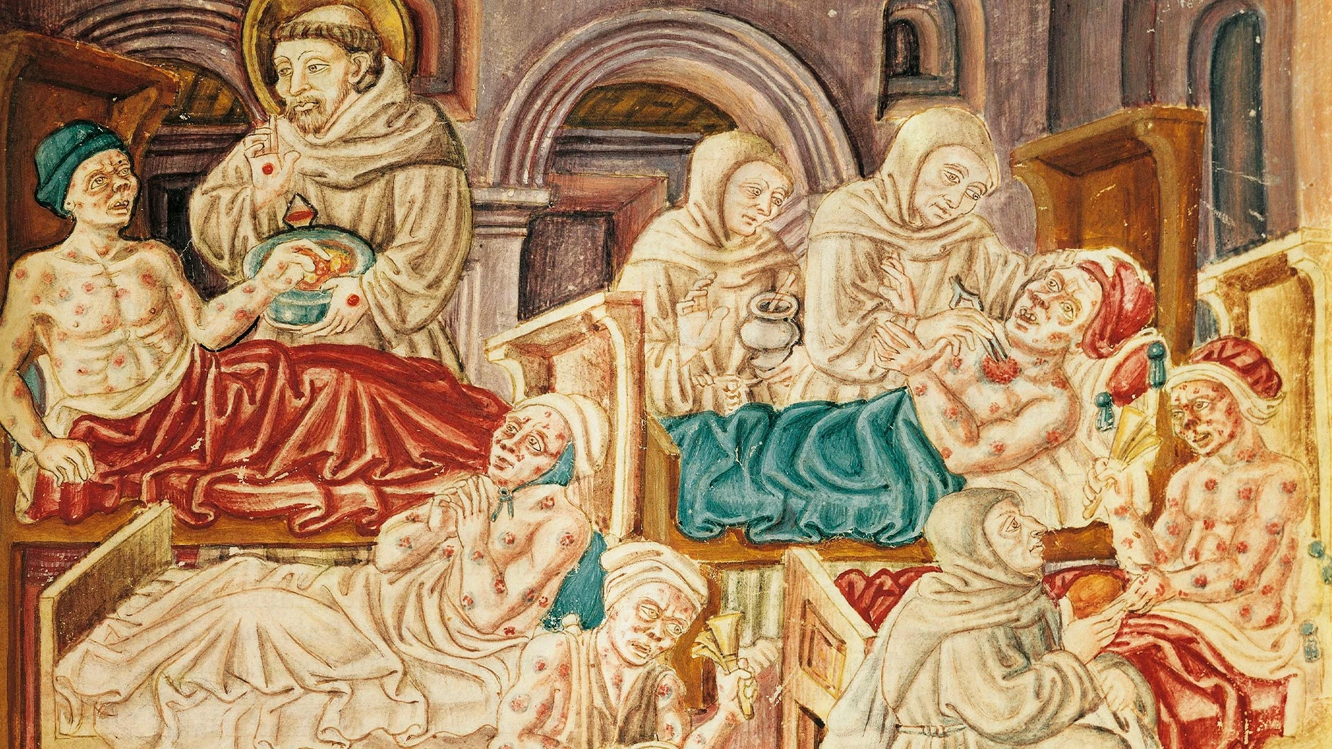 Францисканские монахи помогают прокаженным. Миниатюра из кодекса «Франческина». 1474 год. /Wikimedia Commons