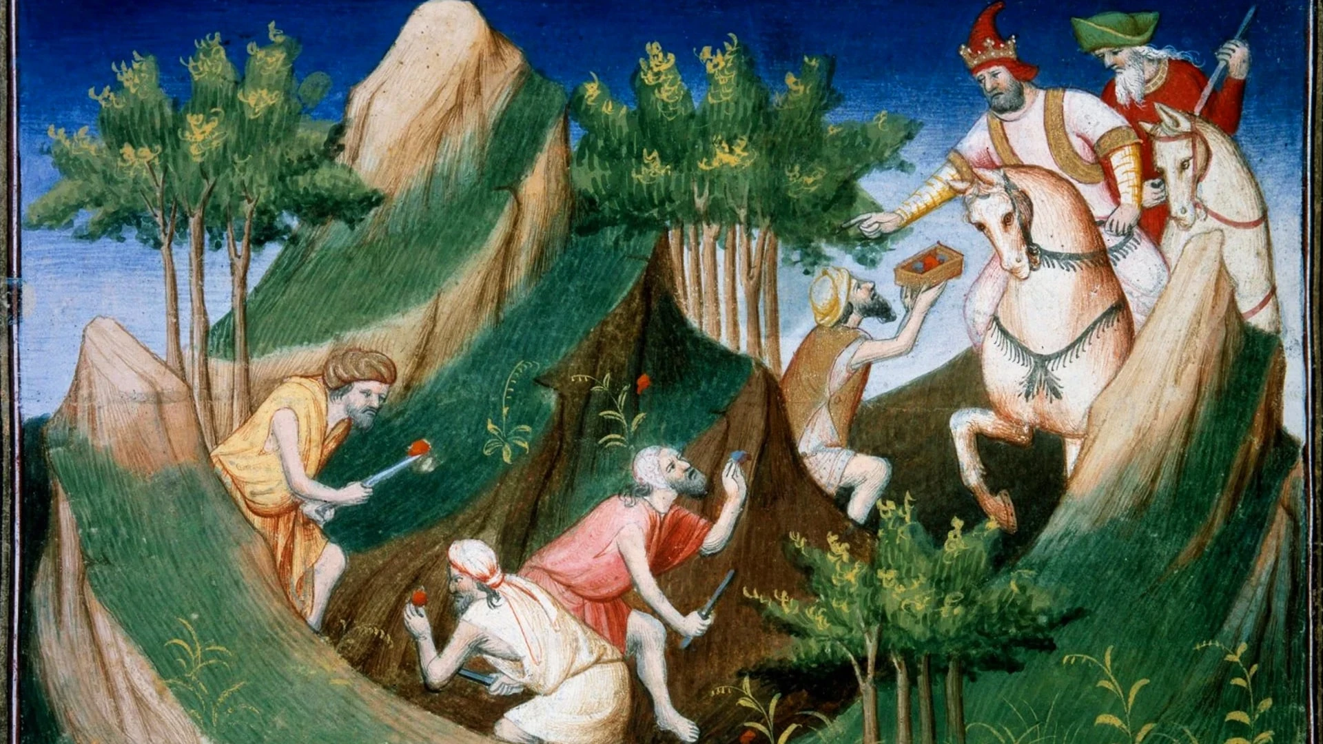 Добыча рубинов в Персии. Миниатюра из «Книги чудес света» Марко Поло. Рукопись 15 века. Иллюстрация Мастера Бусико/ Getty Images