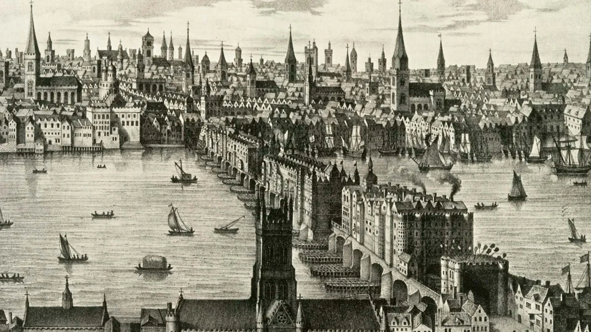 Вид на лондонский мост в 1616 году. Фото: Print Collector/Heritage Images via Getty Images