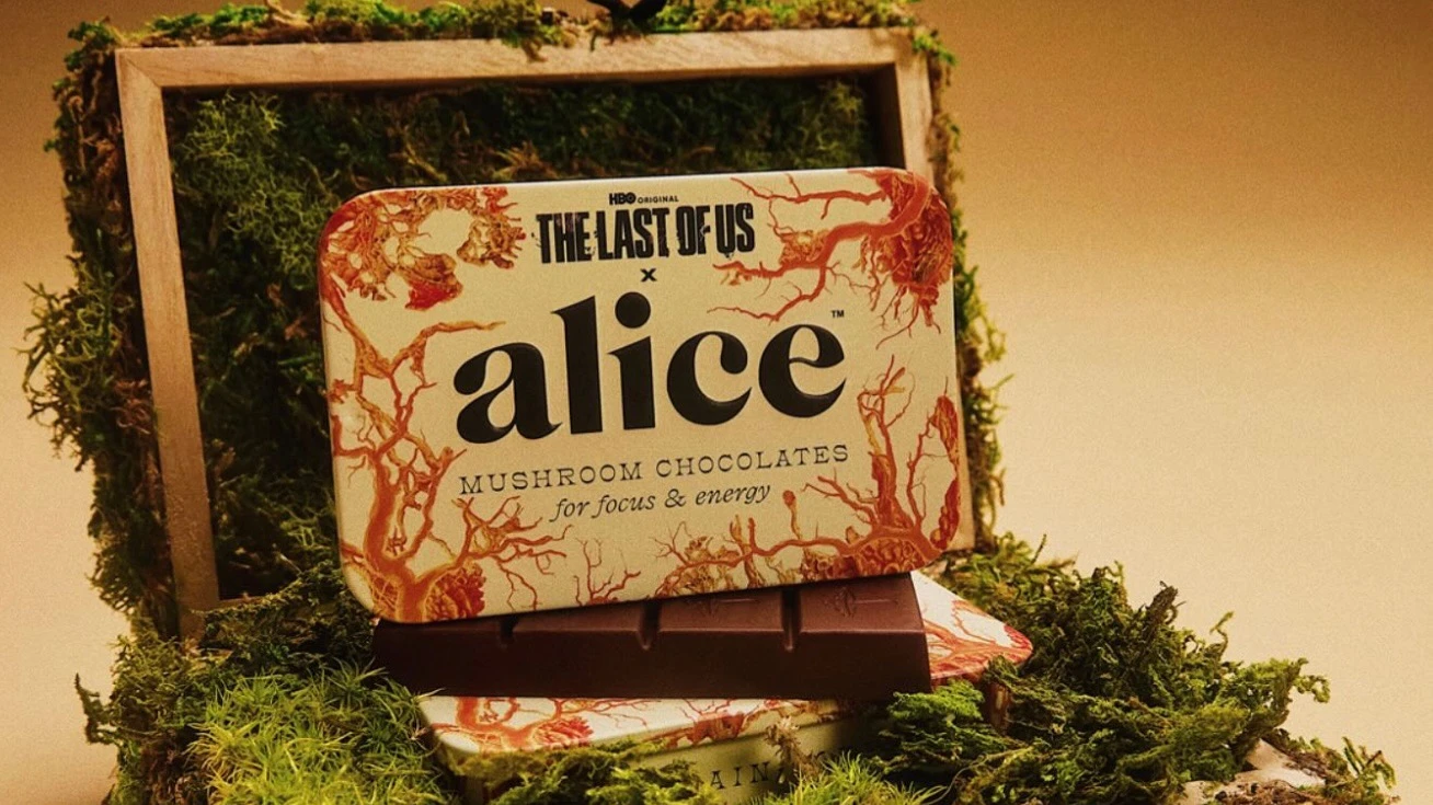 Калифорнийский бренд Alice запустил рекламную кампанию совместно с популярным сериалом The Last of Us. Так Alice рекламирует шоколадки с кордицепсом. Фото: instagram/alice.mushrooms