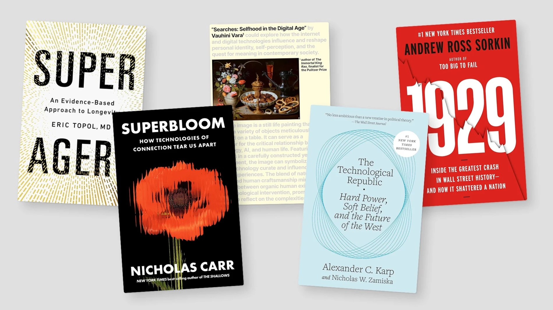 В подборку самых заметных в 2025 году вошли книга главы Palantir Алекса Карпа, история биржевого краха 1929 года, а также исследование, как ИИ влияет на повседневную жизнь / Коллаж Oninvest